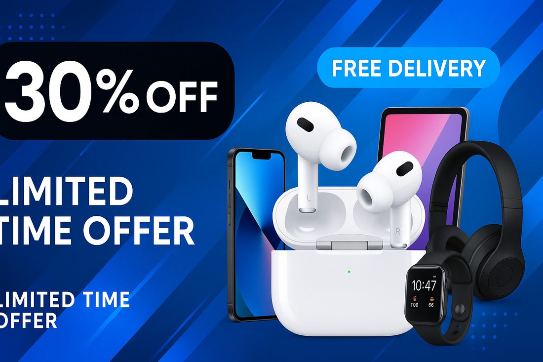 create template of airpods & electonic products also shown 30 off discount with free delivery limited time offer in 1920 by 900 size